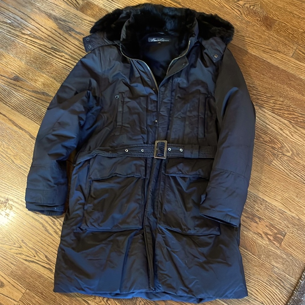 Kenneth Cole rabbit fur trimmed down coat